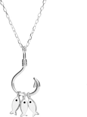 925 Sterling Silver 14K Gold Plated 3 Fish on Hook Necklace Pendant, Dainty, Nickel Free Hypoallergenic for Sensitive Skin, Ocean Beach Jewelry for Women Mom Daughter, with 16" 2 Chain