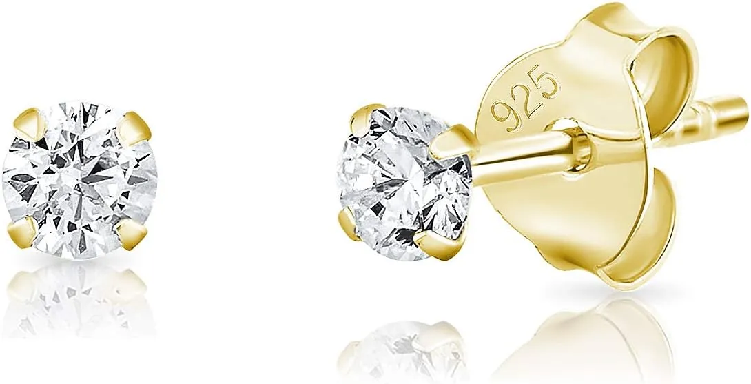 925 Sterling Silver, 24K Yellow or 18K Rose Gold Plated VERY/TINY/SMALL/MEDIUM Round Stud Earrings with Cubic Zirconia - Diameter: 2, 3, 4, 5 or 6 mm - White/Clear CZ
