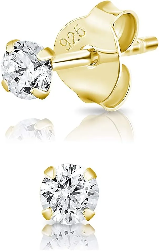 925 Sterling Silver, 24K Yellow or 18K Rose Gold Plated VERY/TINY/SMALL/MEDIUM Round Stud Earrings with Cubic Zirconia - Diameter: 2, 3, 4, 5 or 6 mm - White/Clear CZ