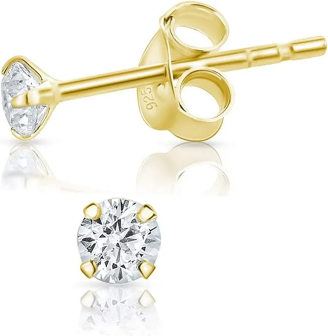 925 Sterling Silver, 24K Yellow or 18K Rose Gold Plated VERY/TINY/SMALL/MEDIUM Round Stud Earrings with Cubic Zirconia - Diameter: 2, 3, 4, 5 or 6 mm - White/Clear CZ