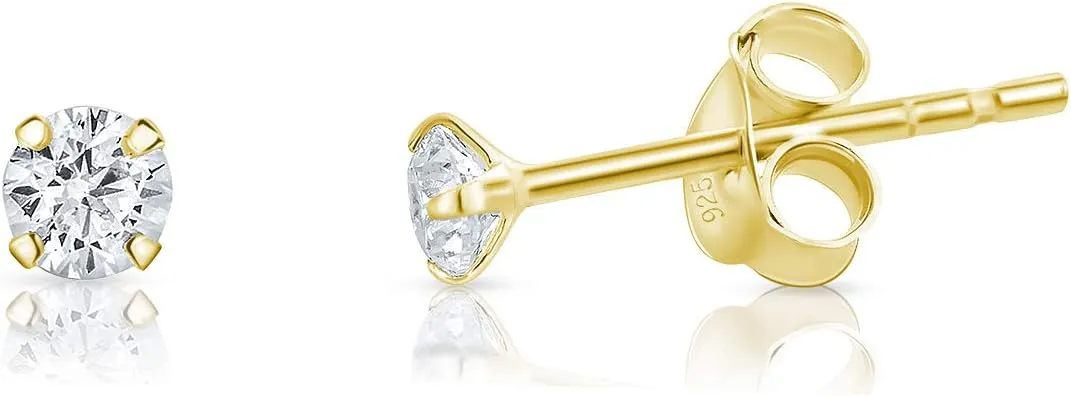 925 Sterling Silver, 24K Yellow or 18K Rose Gold Plated VERY/TINY/SMALL/MEDIUM Round Stud Earrings with Cubic Zirconia - Diameter: 2, 3, 4, 5 or 6 mm - White/Clear CZ