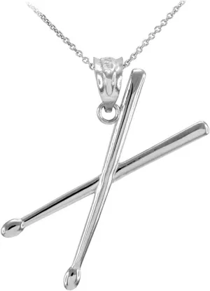 .925 Sterling Silver 3D Drum Sticks Music Charm Pendant Necklace - Choice of Pendant Only or Chain Length