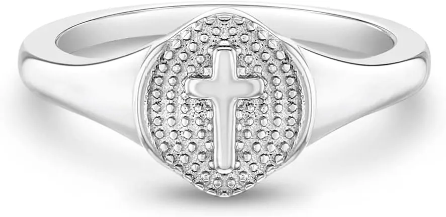 925 Sterling Silver Size 2-5 Classic Little Religious Signet Cross Rings for Children to Preteens - Beautiful Oval Shape Plain Cross Ring Band for Young Girls - Girl's Accessories for Daily Wear