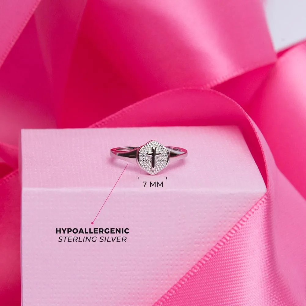 925 Sterling Silver Size 2-5 Classic Little Religious Signet Cross Rings for Children to Preteens - Beautiful Oval Shape Plain Cross Ring Band for Young Girls - Girl's Accessories for Daily Wear
