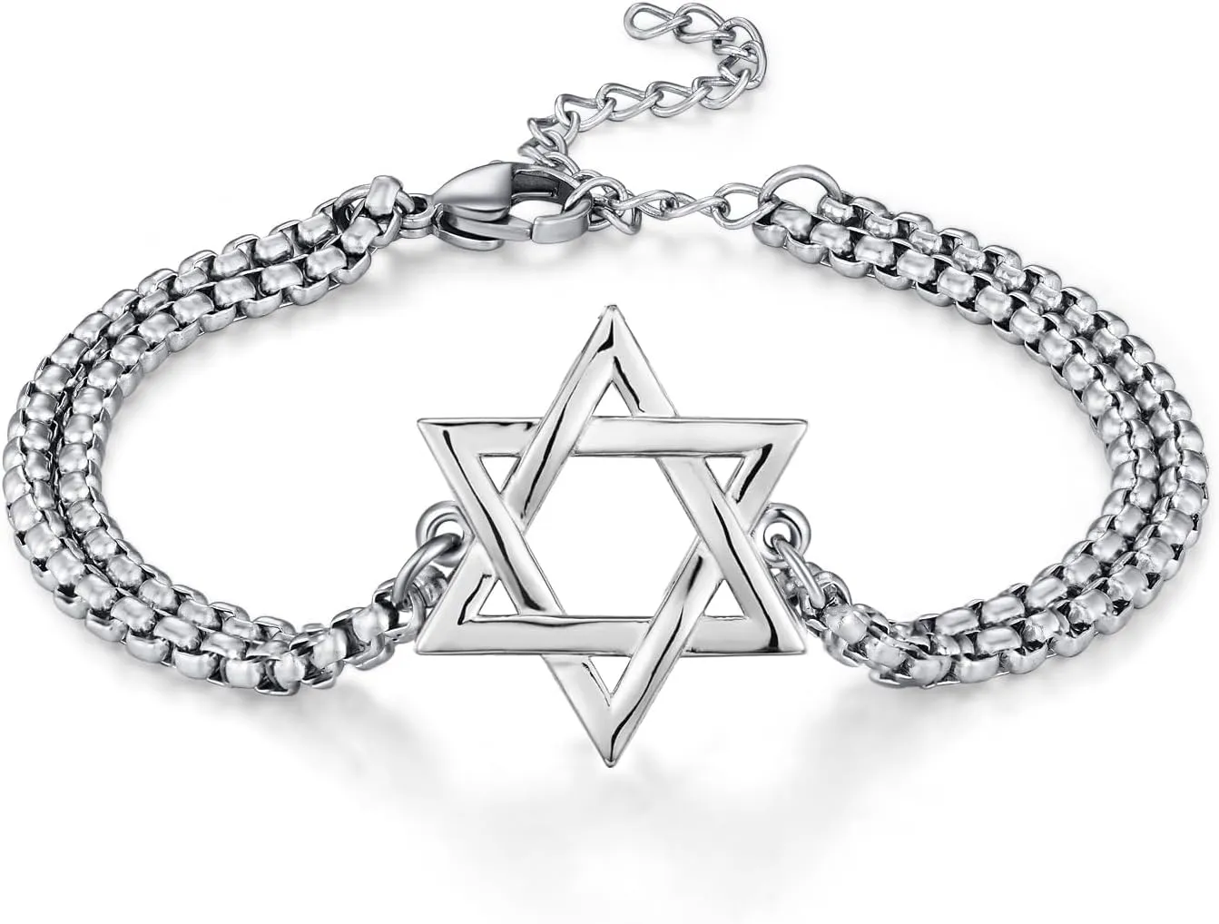 925 Sterling Silver Star of David Jewish Bracelet for Men Women with Stainless Steel Double Chain 7" 2"