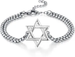 925 Sterling Silver Star of David Jewish Bracelet for Men Women with Stainless Steel Double Chain 7" 2"