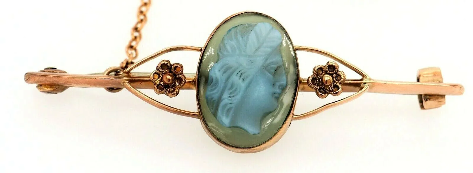 9ct Yellow Gold Blue Agate Cameo Brooch with Safety Chain & Pin
