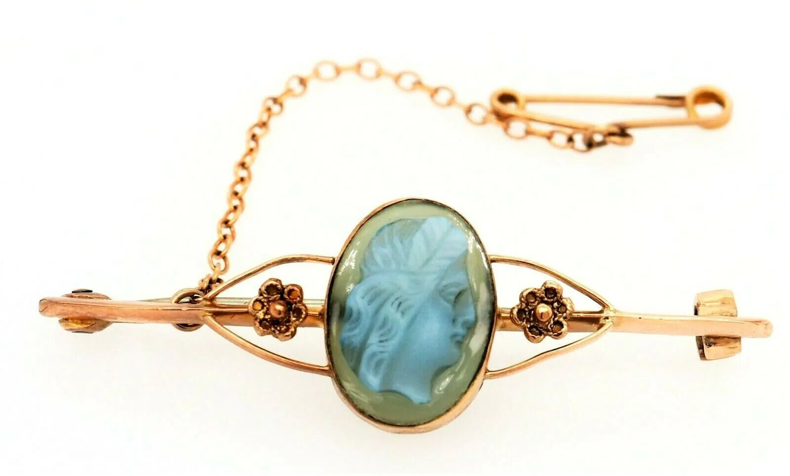 9ct Yellow Gold Blue Agate Cameo Brooch with Safety Chain & Pin