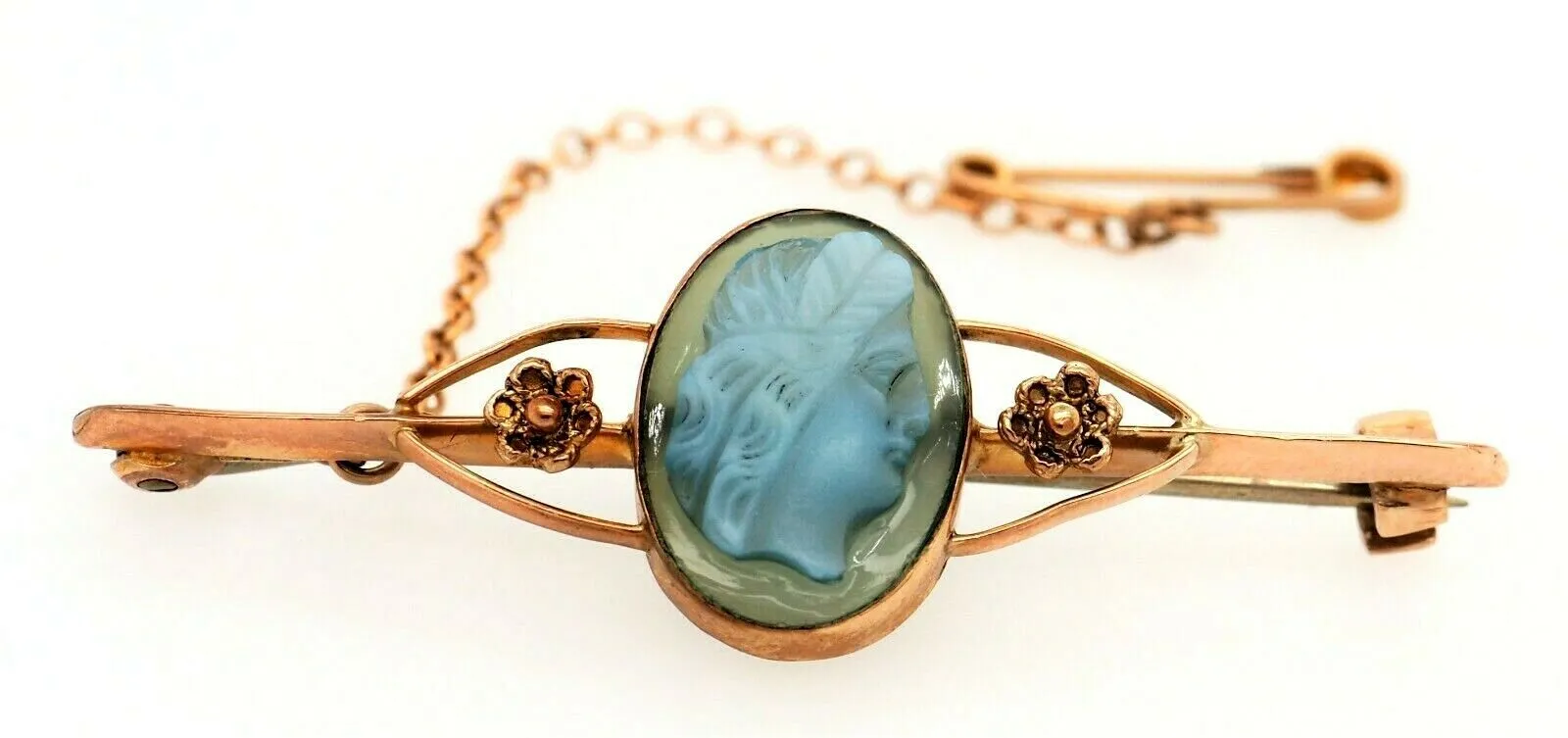 9ct Yellow Gold Blue Agate Cameo Brooch with Safety Chain & Pin