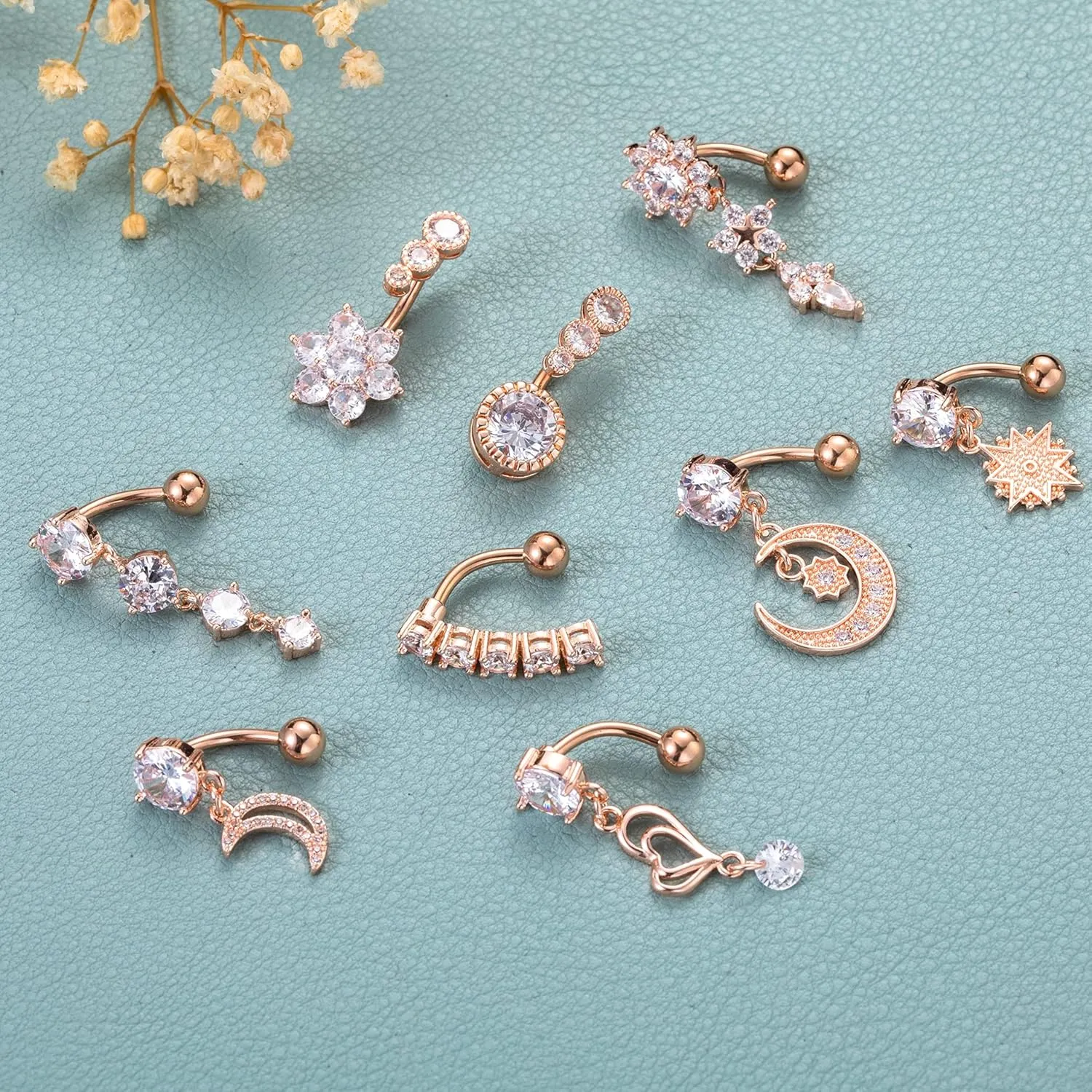 9Pcs 14G Stainless Steel Dangle Belly Rings for Women Reverse Navel Rings Curved Barbell Body Piercing Jewelry