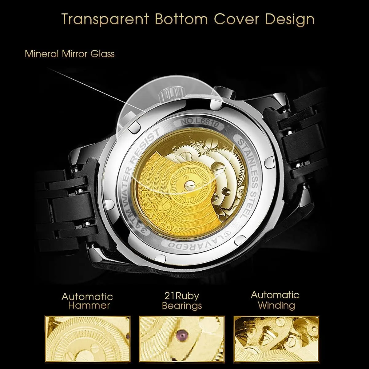 A ALPS Mens Watch Skeleton Luxury Mechanical Stainless Steel Waterproof Black Automatic Self-Winding Roman Numerals Diamond Dial Wrist Watch
