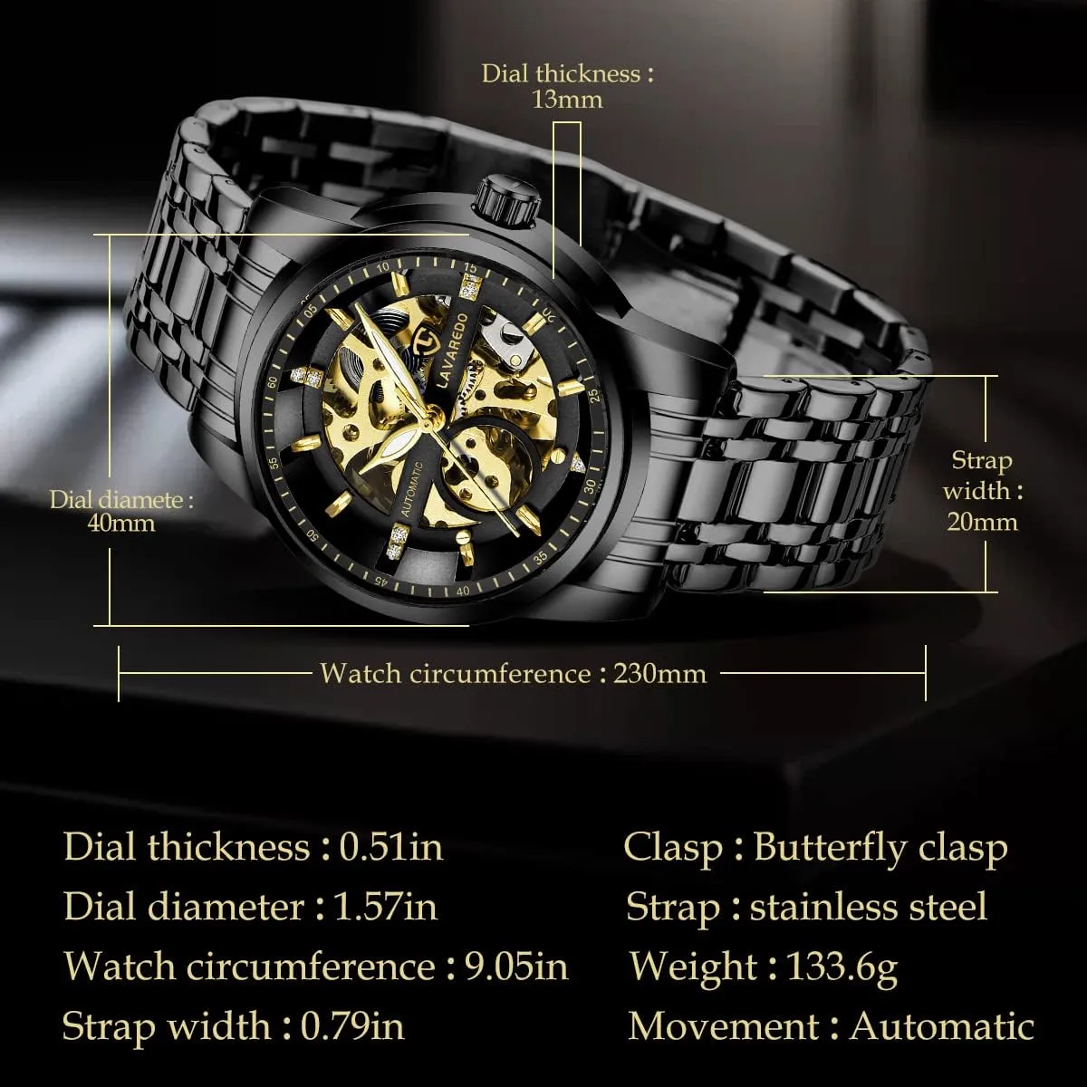 A ALPS Mens Watch Skeleton Luxury Mechanical Stainless Steel Waterproof Black Automatic Self-Winding Roman Numerals Diamond Dial Wrist Watch