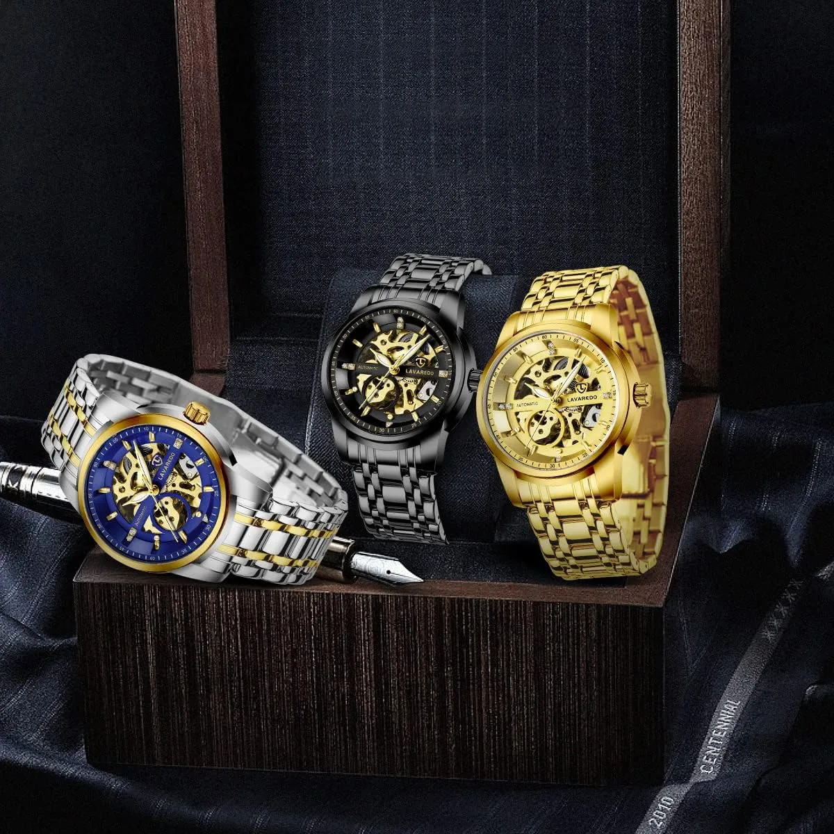 A ALPS Mens Watch Skeleton Luxury Mechanical Stainless Steel Waterproof Black Automatic Self-Winding Roman Numerals Diamond Dial Wrist Watch