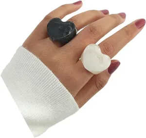 Acrylic Heart Shaped Chunky Rings Set Black White Heart Resin Pull Finger Rings Thick Ring Colorful Jewelry for Women Teen Girls Band Rings