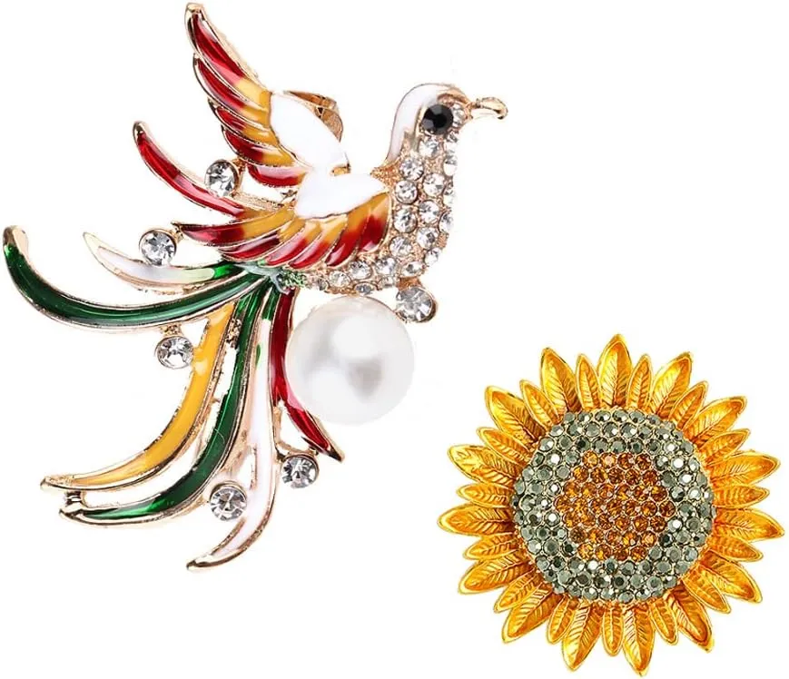 Acxico 2Pcs Exquisite Beautiful Sunflower Brooch and Pearl Brooch Phoenix Bird Brooch Women Party Wedding Metal Diamond Flower brooches Gift