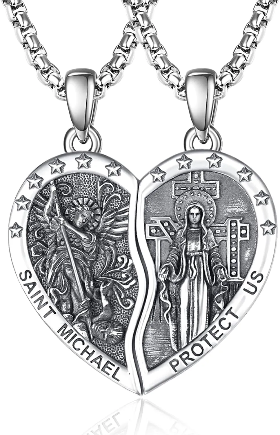 ADMETUS Heart Couple Necklaces Matching 925 Sterling Silver Patron Saint Medal and Miraculous Medal Protection Jewelry Religious Gifts for Him and Her