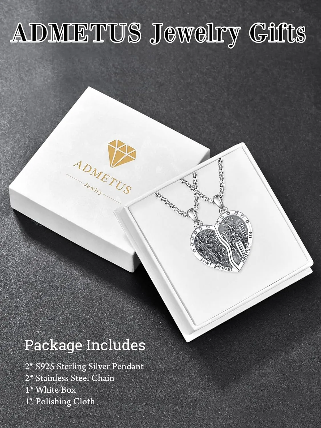 ADMETUS Heart Couple Necklaces Matching 925 Sterling Silver Patron Saint Medal and Miraculous Medal Protection Jewelry Religious Gifts for Him and Her