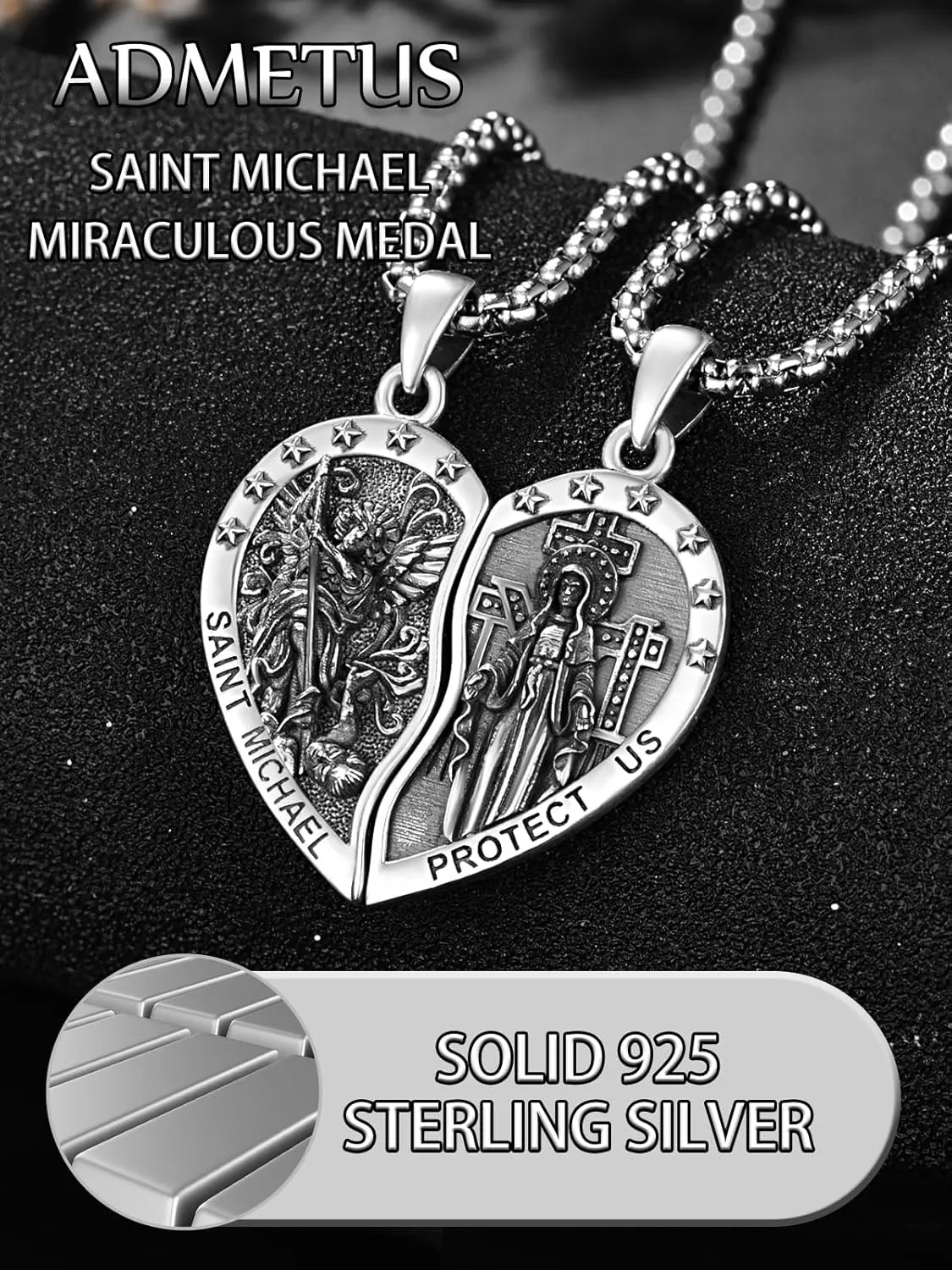 ADMETUS Heart Couple Necklaces Matching 925 Sterling Silver Patron Saint Medal and Miraculous Medal Protection Jewelry Religious Gifts for Him and Her