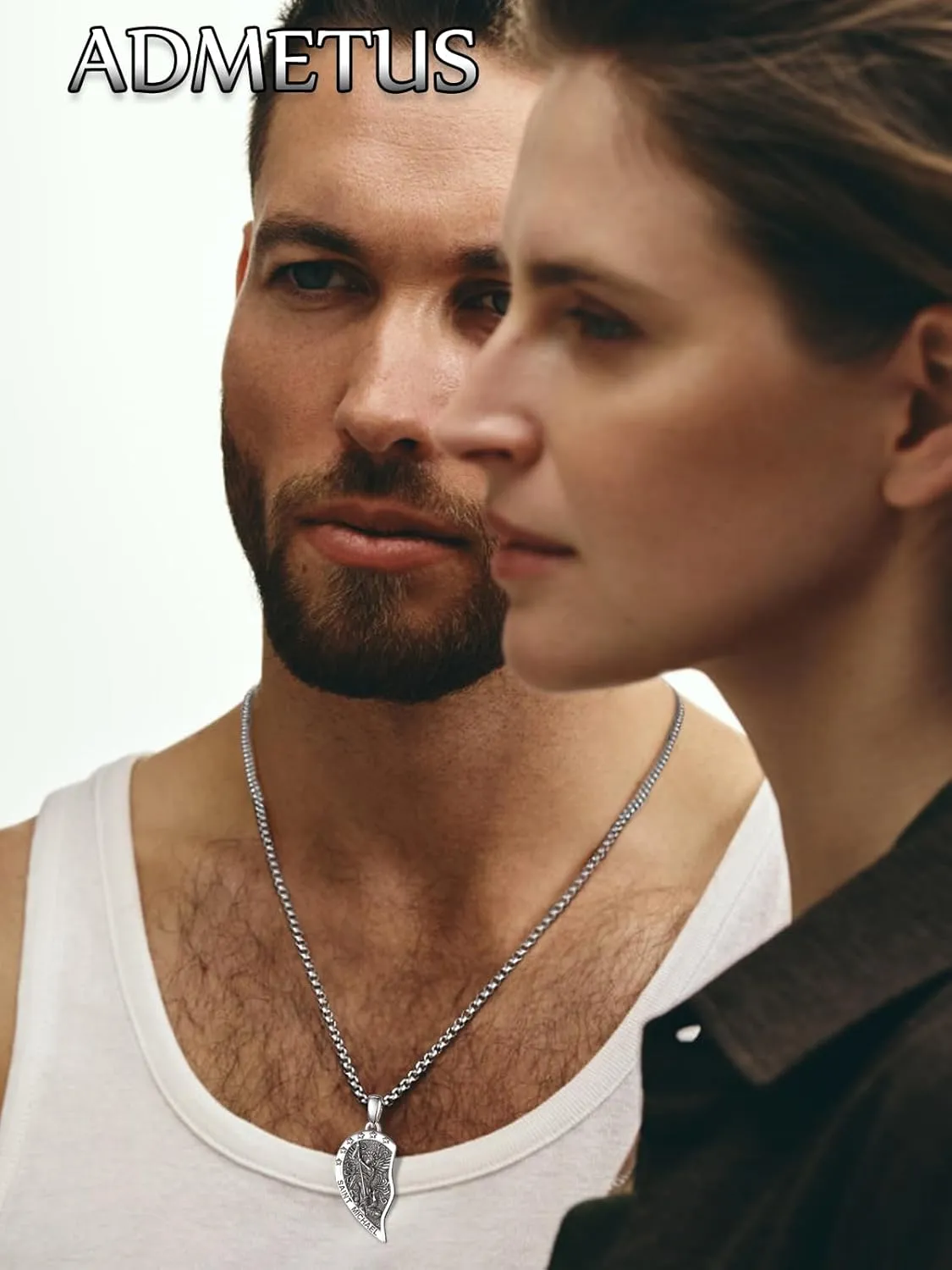 ADMETUS Heart Couple Necklaces Matching 925 Sterling Silver Patron Saint Medal and Miraculous Medal Protection Jewelry Religious Gifts for Him and Her