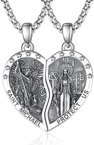ADMETUS Heart Couple Necklaces Matching 925 Sterling Silver Patron Saint Medal and Miraculous Medal Protection Jewelry Religious Gifts for Him and Her