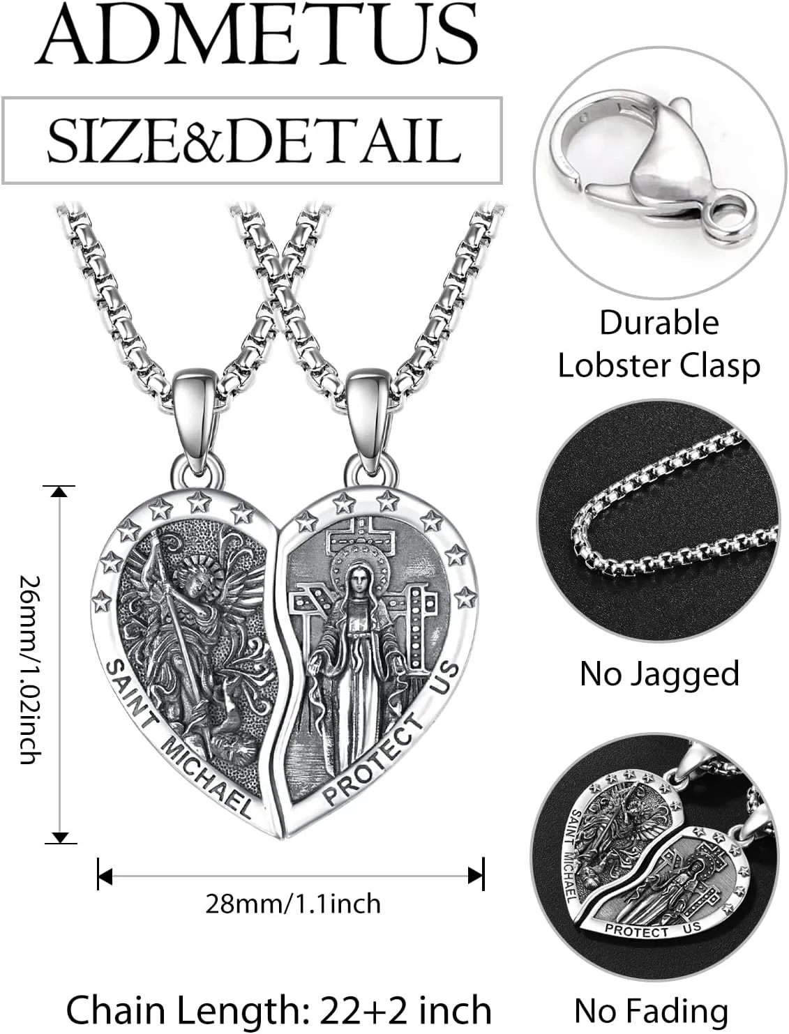 ADMETUS Heart Couple Necklaces Matching 925 Sterling Silver Patron Saint Medal and Miraculous Medal Protection Jewelry Religious Gifts for Him and Her