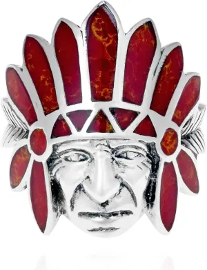 AeraVida Native American Style Reconstructed Red Coral Inlay .925 Sterling Silver Ring | Classic Wedding Rings For Women | Vintage Comfort Fit Silver Rings for Women | Sterling Silver Rings Sizes 7-10