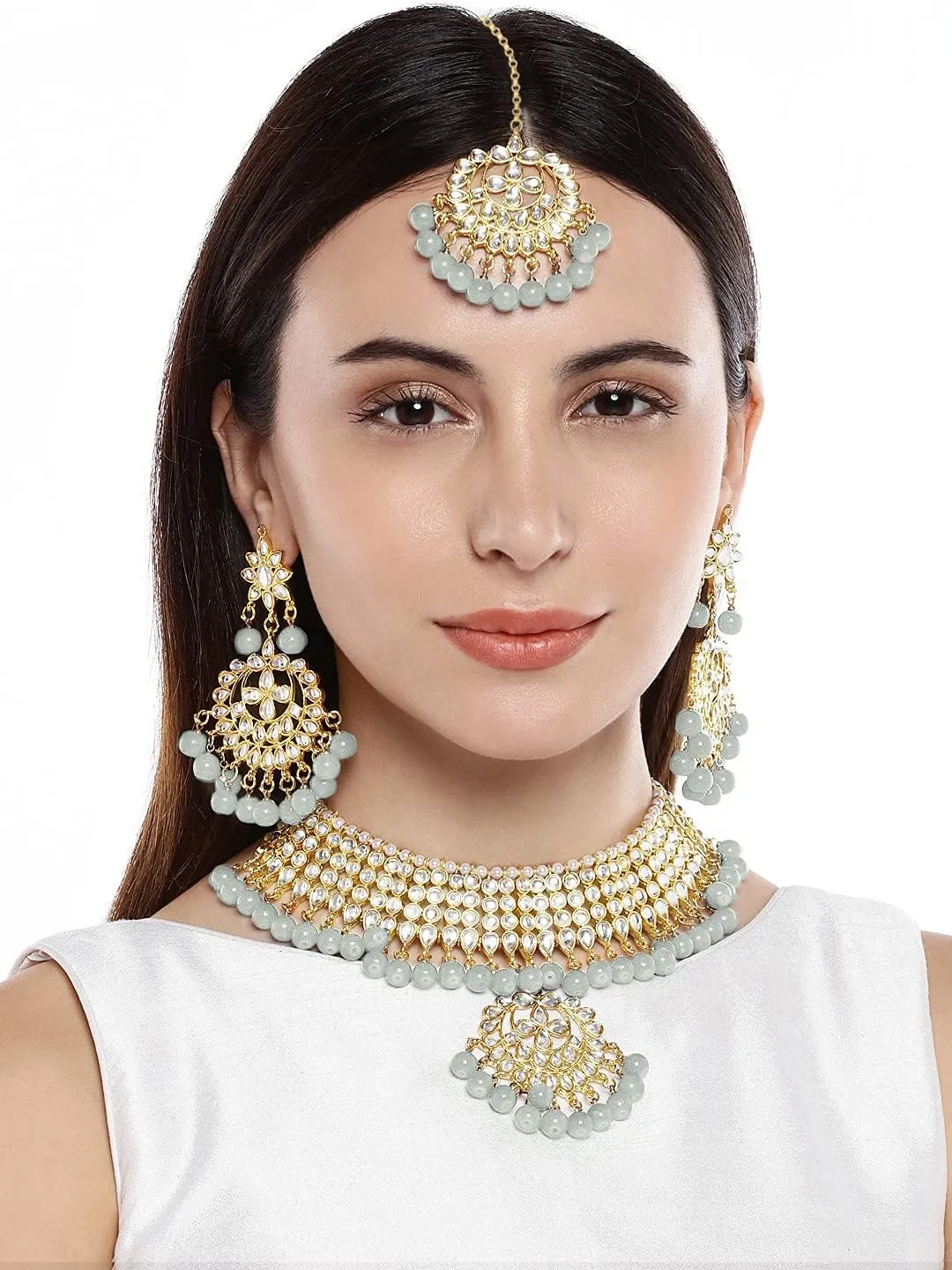 Aheli Indian Traditional Maang Tikka with Kundan Necklace Earrings Set Ethnic Wedding Party Designer Jewelry Gift for Women