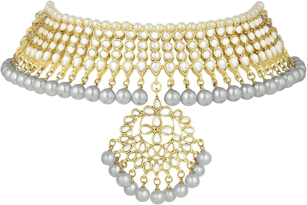 Aheli Indian Traditional Maang Tikka with Kundan Necklace Earrings Set Ethnic Wedding Party Designer Jewelry Gift for Women