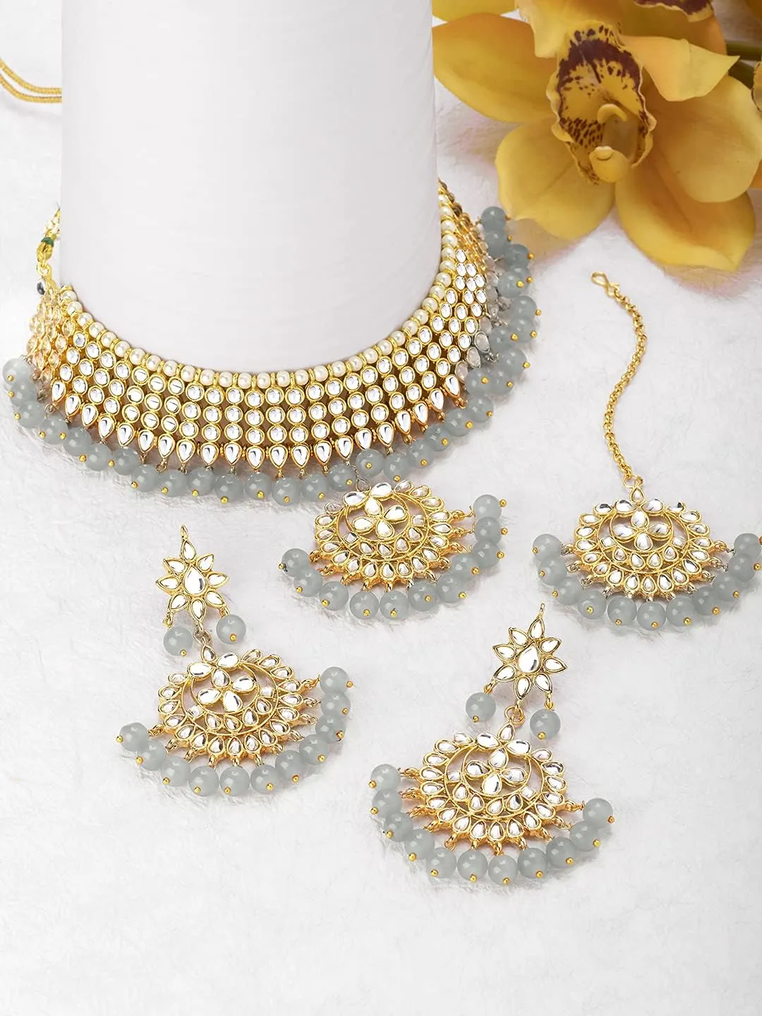 Aheli Indian Traditional Maang Tikka with Kundan Necklace Earrings Set Ethnic Wedding Party Designer Jewelry Gift for Women