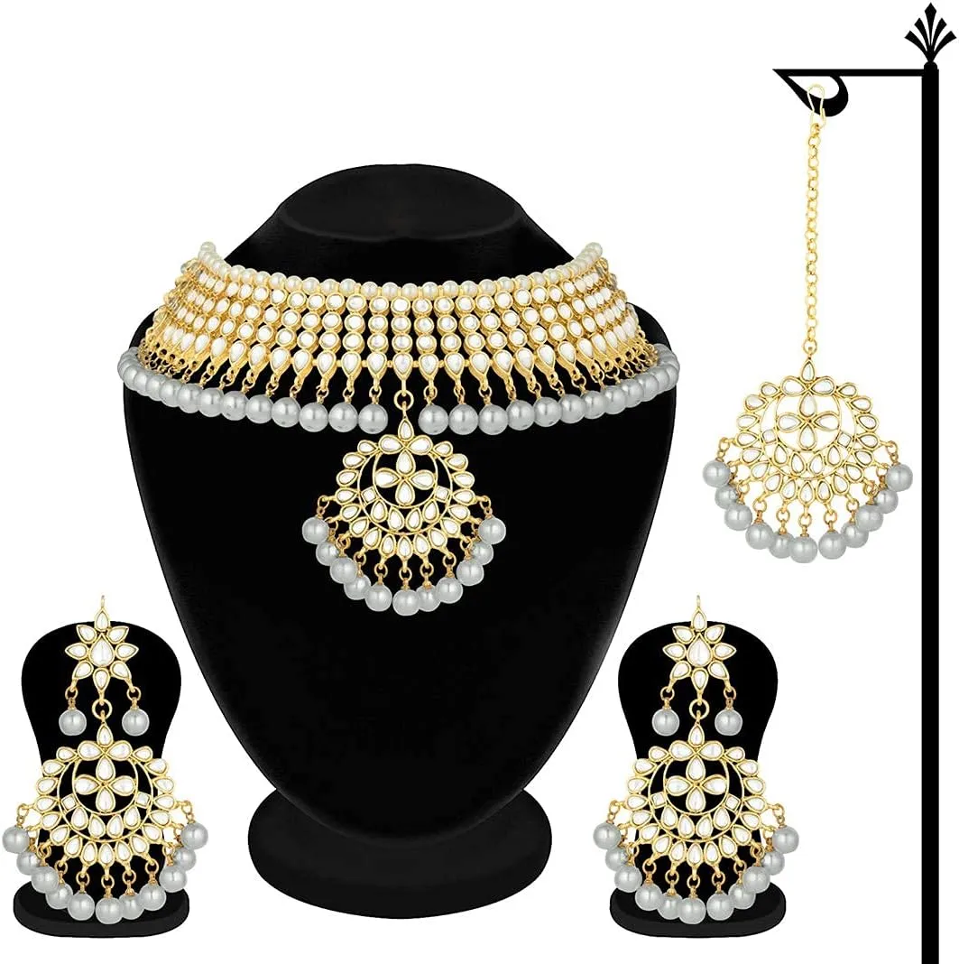 Aheli Indian Traditional Maang Tikka with Kundan Necklace Earrings Set Ethnic Wedding Party Designer Jewelry Gift for Women