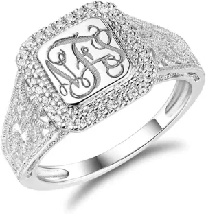 AILIN Custom Classic Monogram Ring 925 Sterling Silver CZ Personalized Engraving initials Rings Graduation Christmas Wedding Anniversary Mothers Day Jewelry Gifts For Women Wife Daughter