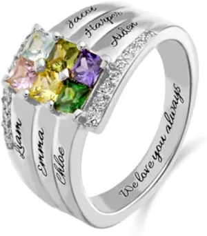 AILIN Custom Mom Rings 925 Sterling Silver Personalized 6 Square Birthstones And Names Rings Family Mothers Day Daughter Jewelry Gifts For Mommy Grandmother