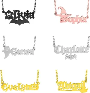 AILIN Custom Name Necklace For Women Personalized Halloween Necklace With Name Bat/Pumpkin/Ghost/Witch Hat/Spider/Witch Broom Pendant Necklace Gothic Halloween Jewelry Gifts For Mother Daughter