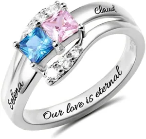 AILIN Personalized Promise Rings For Women 925 Sterling Silver Custom 2 Names and Square Birthstones Rings Engagement Weddding Jewelry Gifts For Women Girlfriends