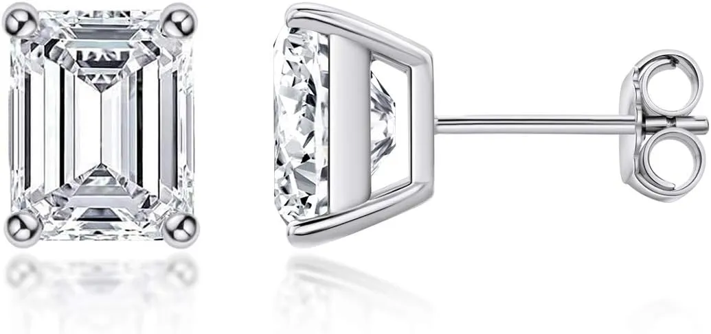 AINUOSHI Cubic Zirconia Stud Earrings for Women and Men, Emerald/Princess/Round Cut, Platinum or Gold-Plated Sterling Silver, Hypoallergenic, Jewelry Box Packed