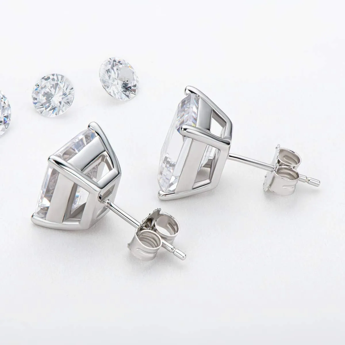 AINUOSHI Cubic Zirconia Stud Earrings for Women and Men, Emerald/Princess/Round Cut, Platinum or Gold-Plated Sterling Silver, Hypoallergenic, Jewelry Box Packed