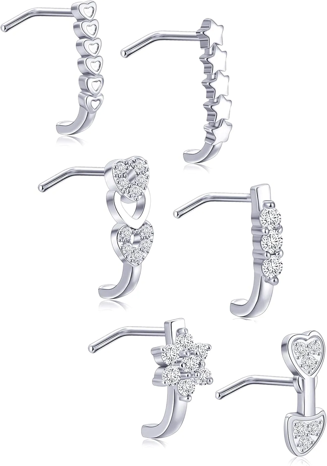 Akeoqi 6-12Pcs Nose Studs Nose Ring Inlaid Cubic Zirconia L Shaped Studs Lotus Star Heart Nose Nostril Piercing Jewelry for Women Men Sliver Gold Rose Gold Tone 20G