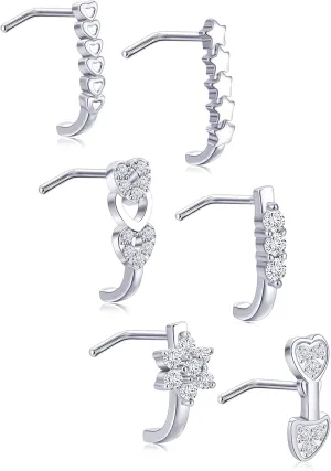 Akeoqi 6-12Pcs Nose Studs Nose Ring Inlaid Cubic Zirconia L Shaped Studs Lotus Star Heart Nose Nostril Piercing Jewelry for Women Men Sliver Gold Rose Gold Tone 20G
