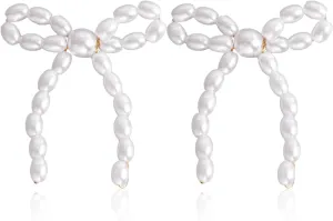 AllenCOCO Handmade Pearl Bow Drop Stud Earrings, 14K Gold-Plated S925 Sterling Silver Posts, Hypoallergenic & Non-Tarnish Jewelry Gifts for Women