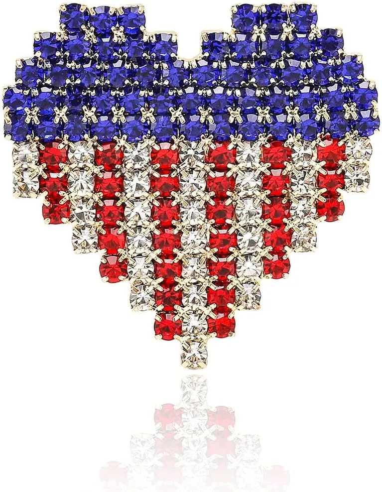 America Flag Heart Rhinestone Brooch Pin Independence Day July 4th Love Hearts Lapel Pins Clip Sweater Scarves Dress Suit Jackets Backpack Brooches Pins Dainty Jewelry Gifts for Women Girls Patriot