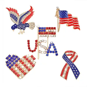 American Flag Brooches 4 th of July Patriotic Red White Blue Rhinestone USA Letter Cross Eagle Map Heart Ribbon Brooch Pin Bulk Vintage Fourth of July Celebrate Independence Day Lapel Pins for Women Men