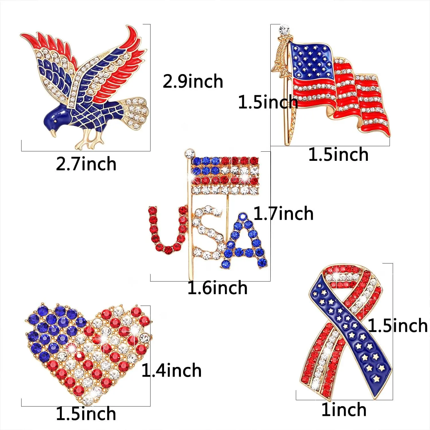 American Flag Brooches 4 th of July Patriotic Red White Blue Rhinestone USA Letter Cross Eagle Map Heart Ribbon Brooch Pin Bulk Vintage Fourth of July Celebrate Independence Day Lapel Pins for Women Men