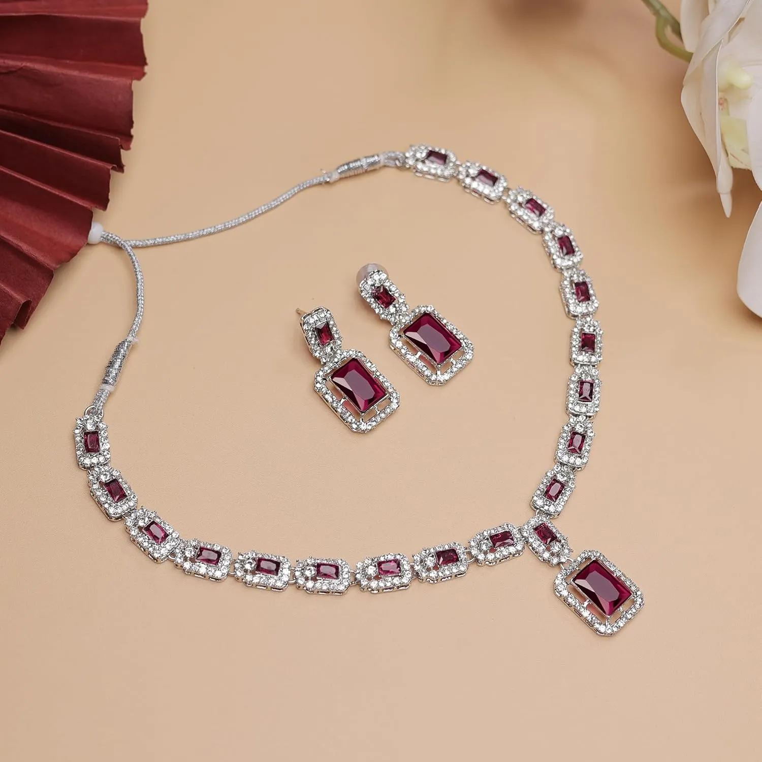 American/AD Two-Layered | Sparkling Square-Shaped Rhinestone Crystal Design Necklace | Dangle Earrings and Maang Tikka for Wedding Jewellery Set for Women