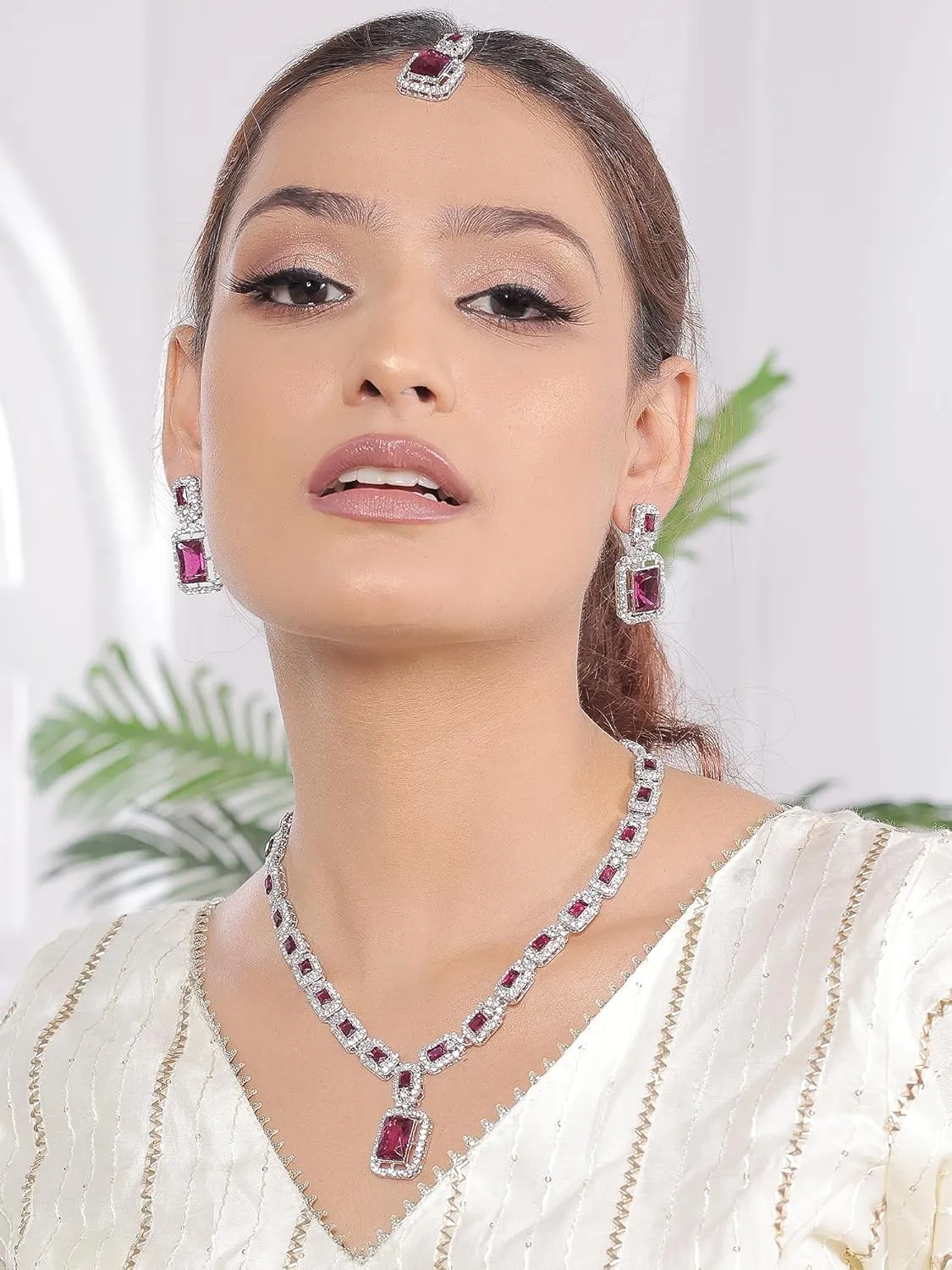 American/AD Two-Layered | Sparkling Square-Shaped Rhinestone Crystal Design Necklace | Dangle Earrings and Maang Tikka for Wedding Jewellery Set for Women