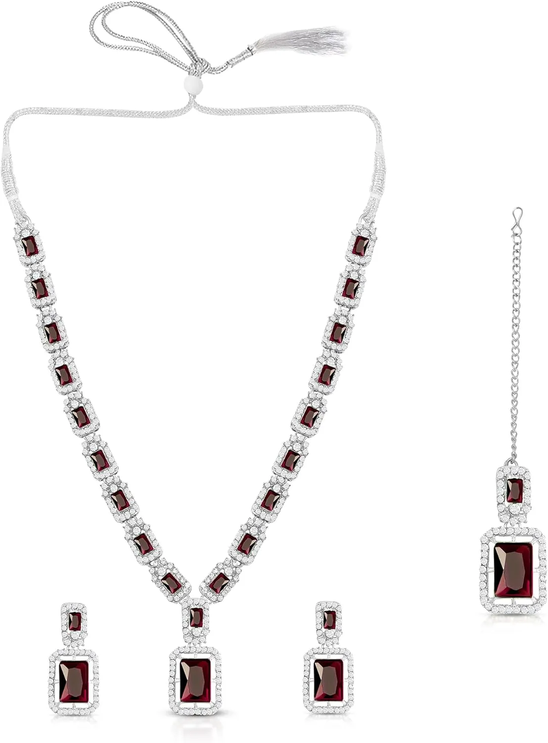 American/AD Two-Layered | Sparkling Square-Shaped Rhinestone Crystal Design Necklace | Dangle Earrings and Maang Tikka for Wedding Jewellery Set for Women
