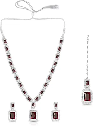American/AD Two-Layered | Sparkling Square-Shaped Rhinestone Crystal Design Necklace | Dangle Earrings and Maang Tikka for Wedding Jewellery Set for Women