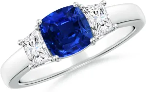 Angara Classic Cushion Lab Grown Blue Sapphire and Trapezoid Diamond Three Stone Engagement Ring in 14K Solid Gold/Platinum | September Birthstone, Birthday, Anniversary Jewelry Gift for Women