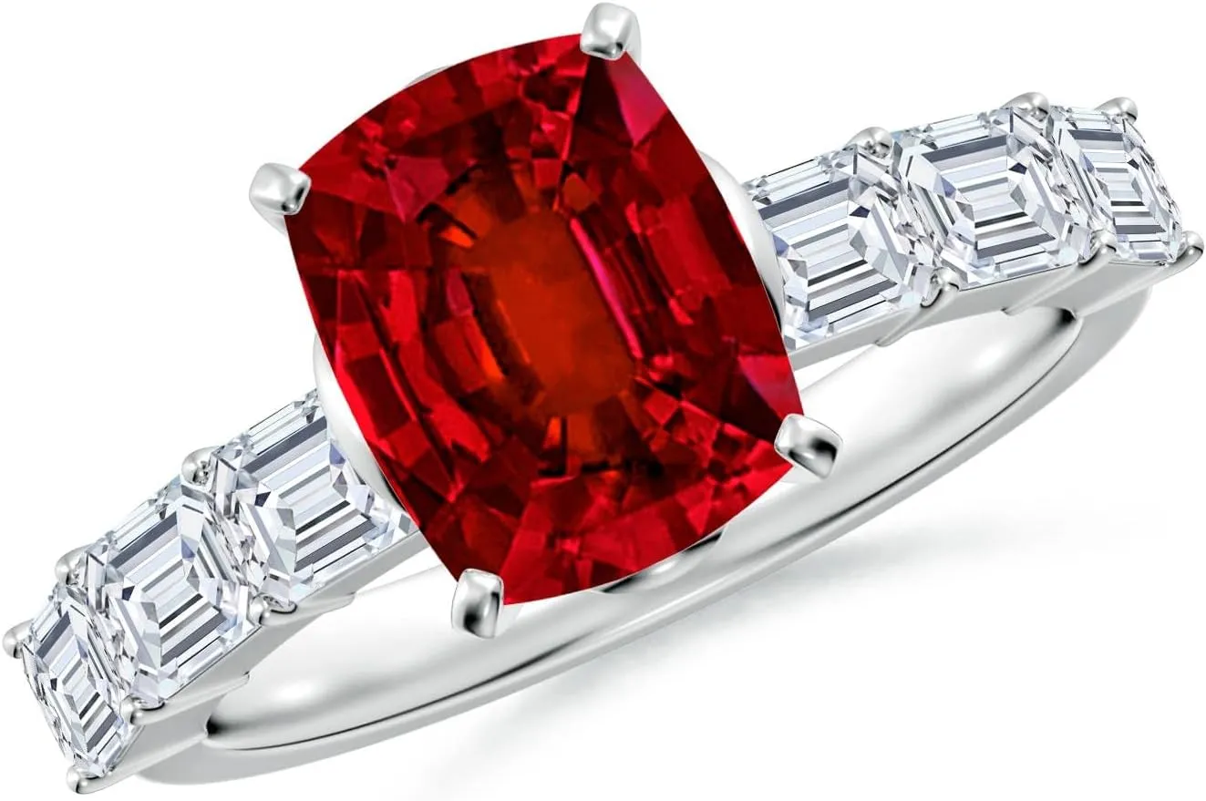 Angara Cushion Rectangular Lab Grown Ruby Engagement Ring with Diamond Accents in 14K Solid Gold/Platinum | July Birthstone, Birthday, Anniversary, Wedding Jewelry Gift for Women