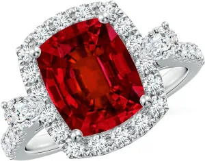 Angara Cushion Rectangular Lab Grown Ruby Halo Side Stone Engagement Ring in 14K Solid Gold/Platinum | July Birthstone, Birthday, Anniversary, Wedding Jewelry Gift for Women