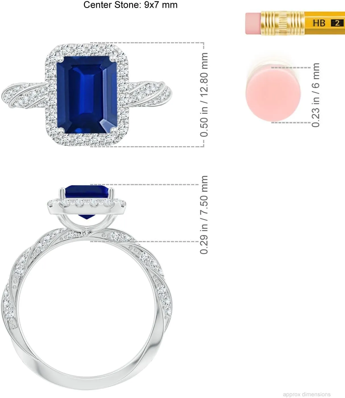 Angara Emerald-Cut Lab Grown Blue Sapphire Halo Twisted Rope Shank Engagement Ring in 14K Solid Gold/Platinum | September Birthstone, Birthday, Anniversary, Wedding Jewelry Gift for Women